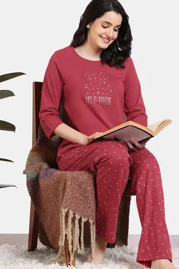 Buy Zivame Shades of Joy Knit Cotton Pyjama Set - Lava Falls